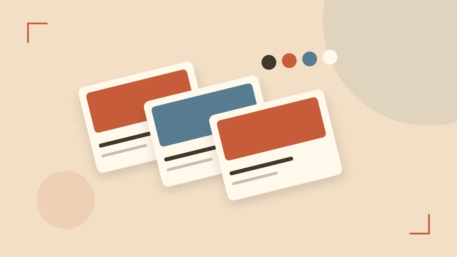 Editorial illustration of responsive browser layouts, overlapping design components and a color system