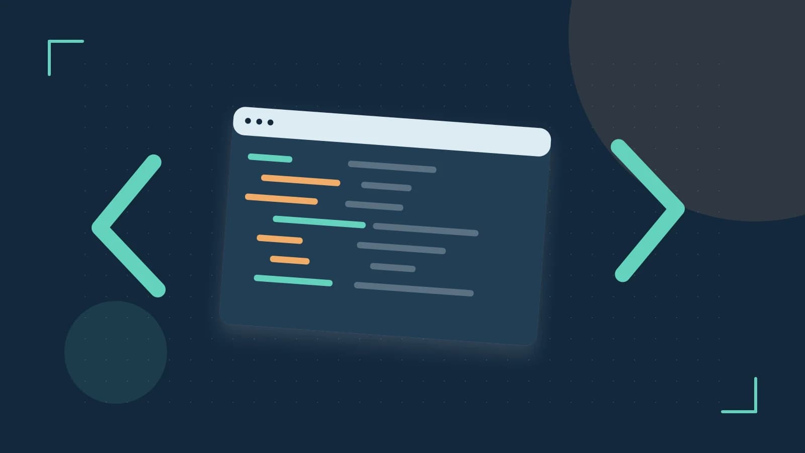 Editorial illustration of an abstract code editor, syntax blocks and oversized programming brackets