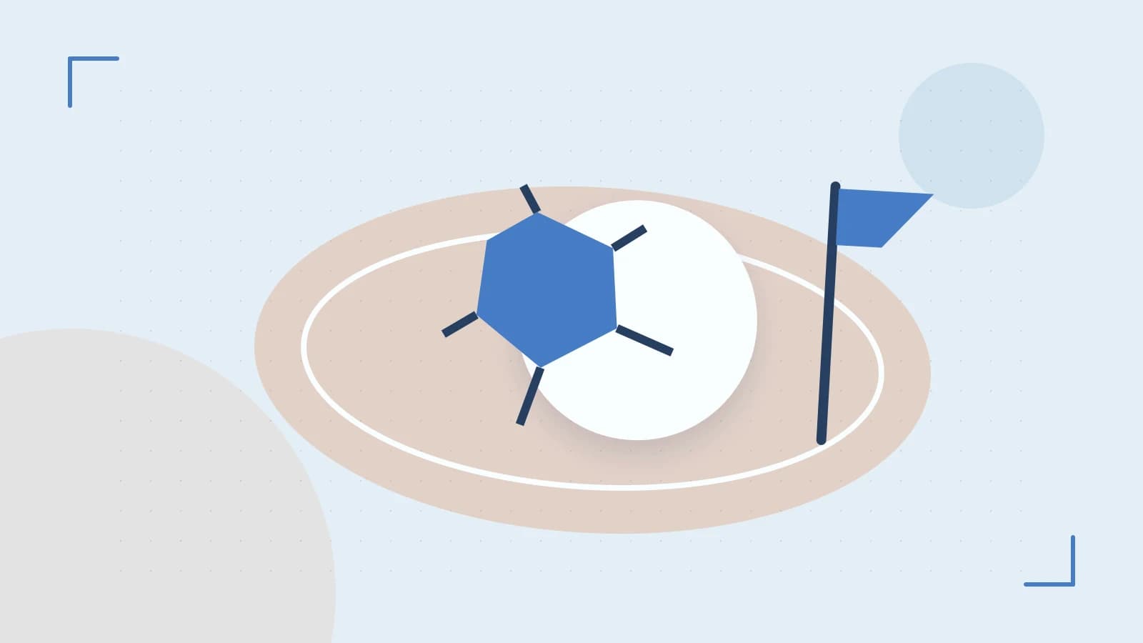 Editorial illustration of a stylized sports ball, stadium geometry and dynamic arcs
