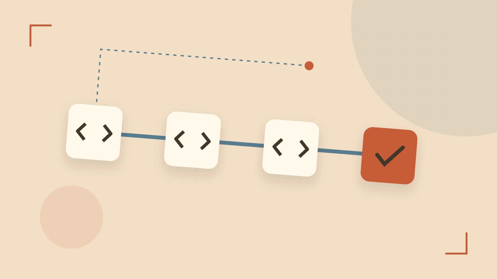 Editorial illustration of a branching build pipeline, staged transformations and a completed check