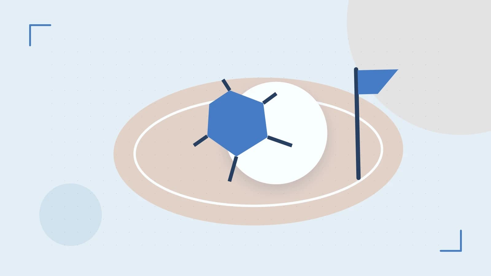 Editorial illustration of a stylized sports ball, stadium geometry and dynamic arcs