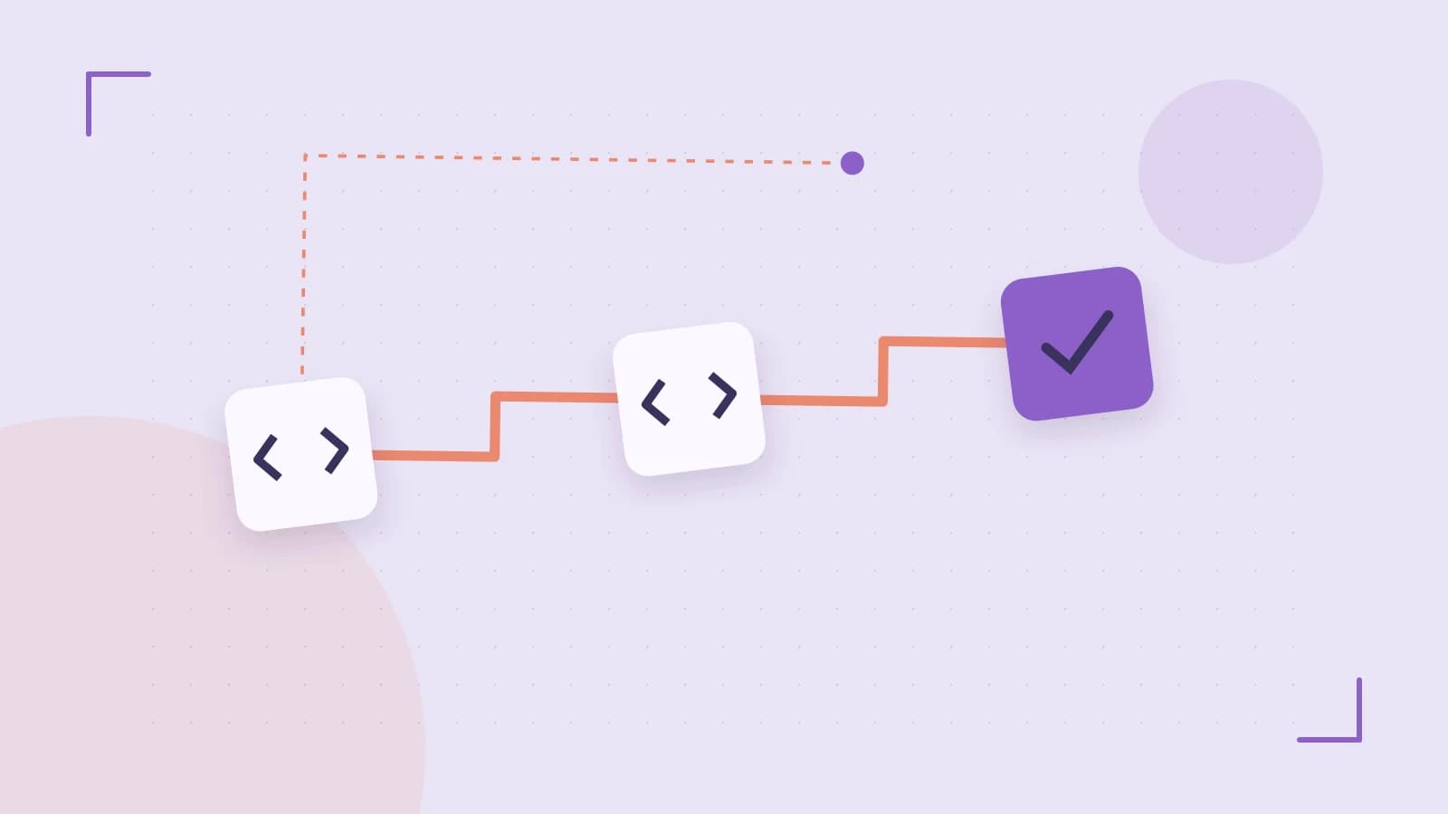 Editorial illustration of a branching build pipeline, staged transformations and a completed check