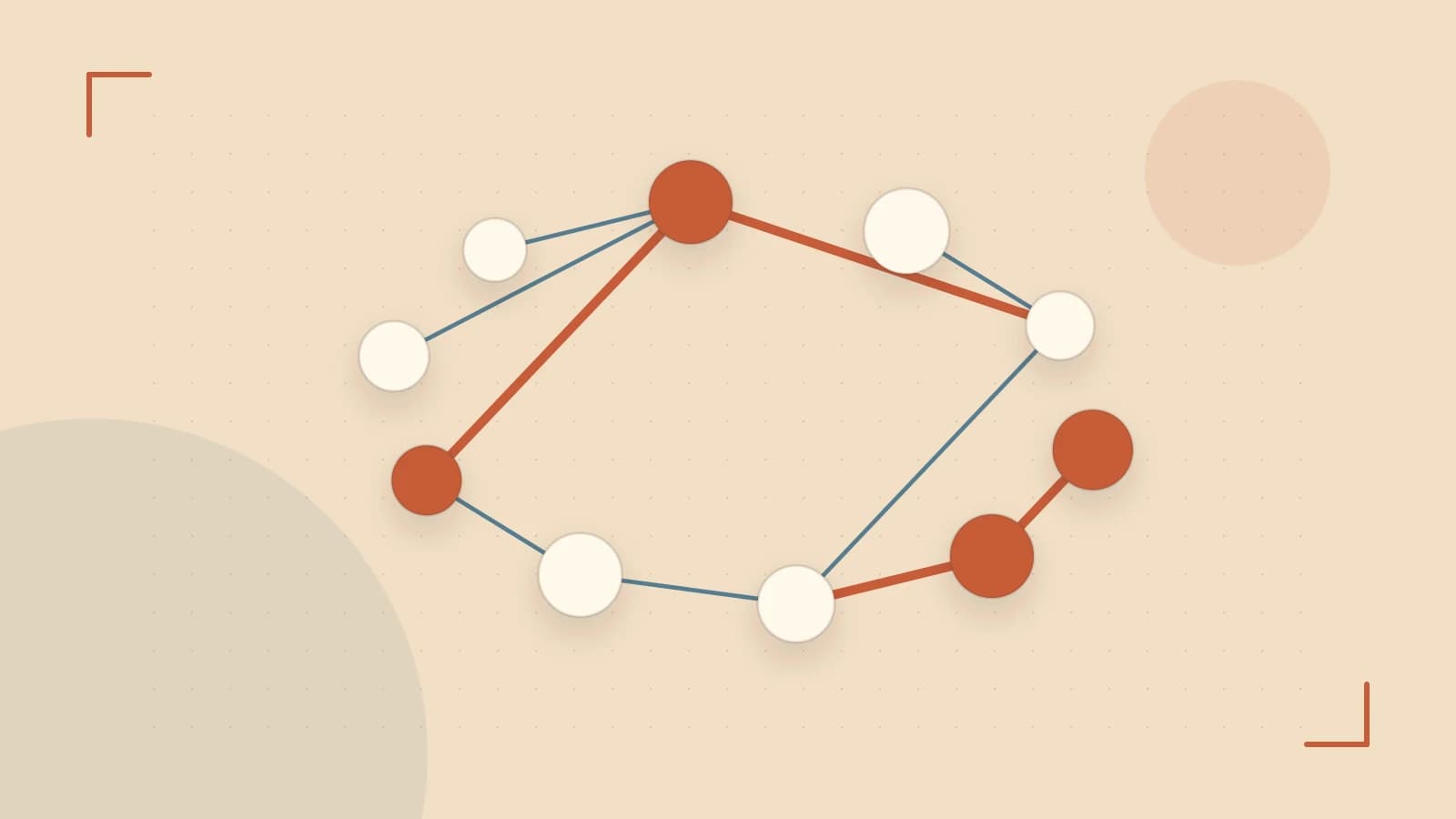 Editorial illustration of an algorithmic node graph with branching paths and a highlighted result