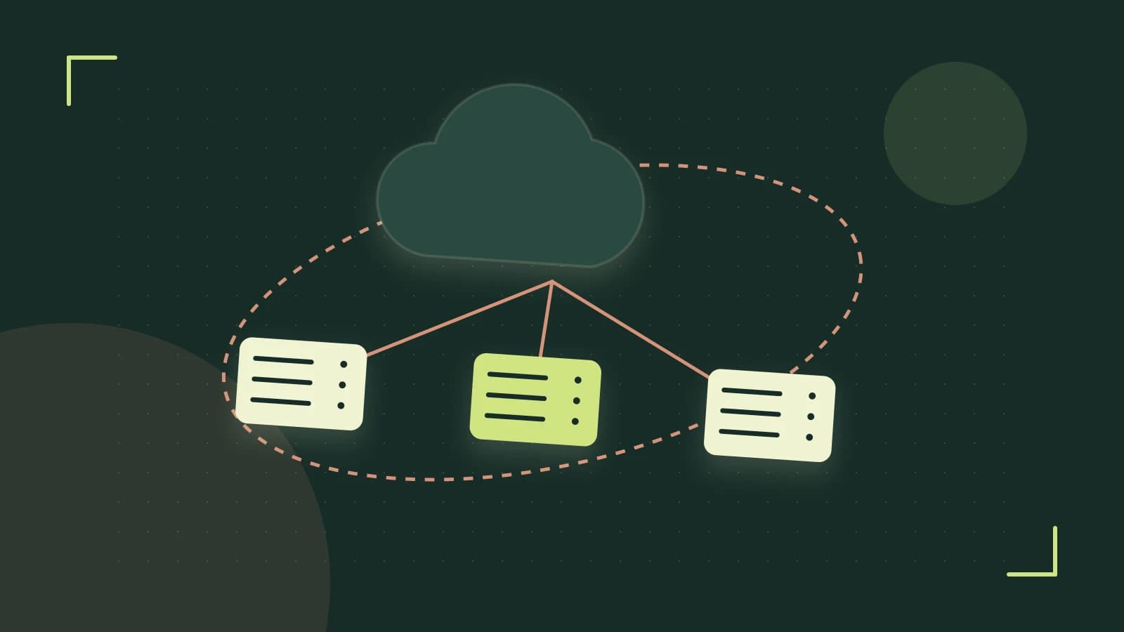 Editorial illustration of cloud infrastructure, connected server racks and an orbital service map