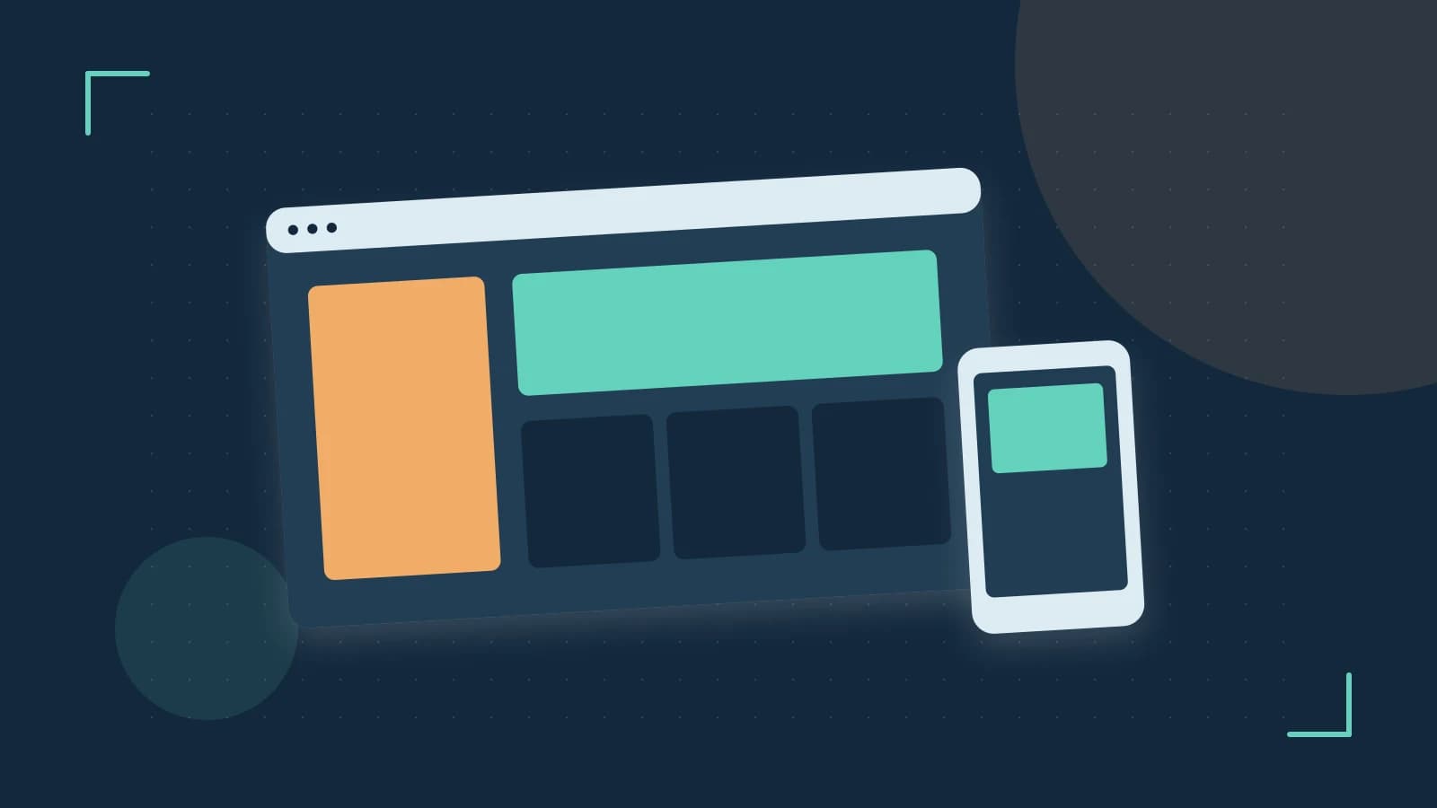 Editorial illustration of responsive browser layouts, overlapping design components and a color system