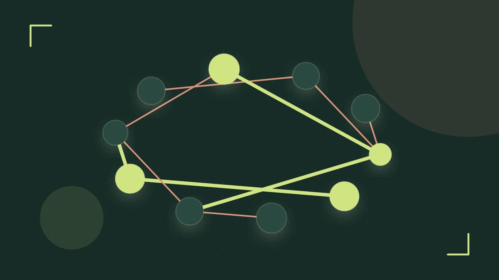 Editorial illustration of an algorithmic node graph with branching paths and a highlighted result