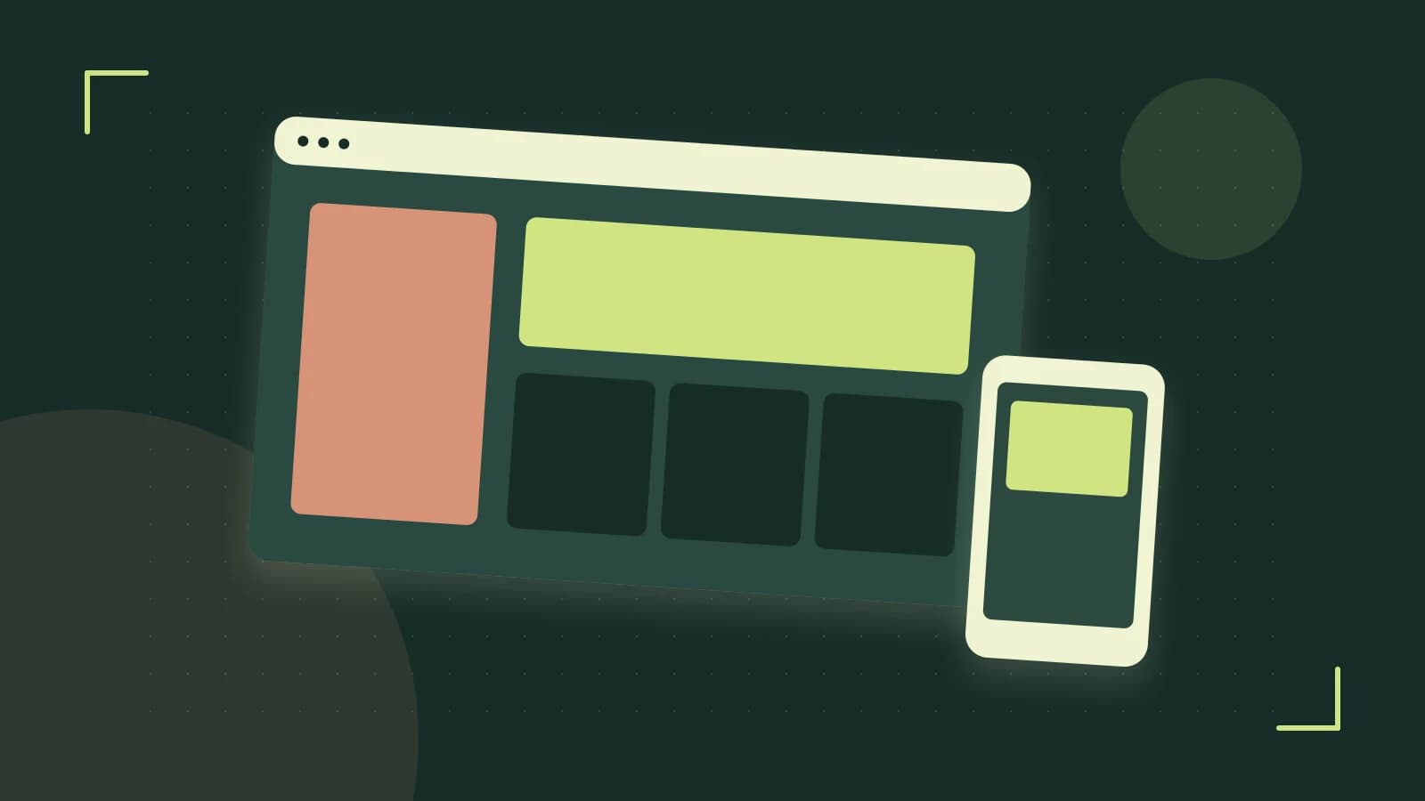 Editorial illustration of responsive browser layouts, overlapping design components and a color system