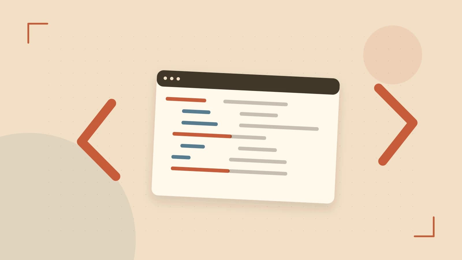 Editorial illustration of an abstract code editor, syntax blocks and oversized programming brackets
