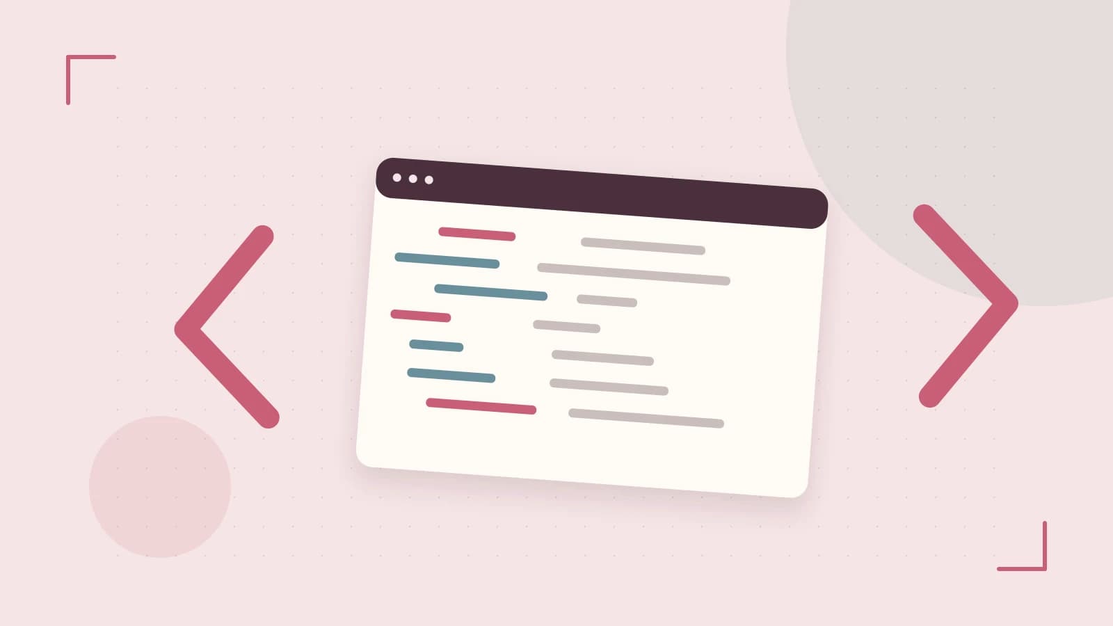 Editorial illustration of an abstract code editor, syntax blocks and oversized programming brackets