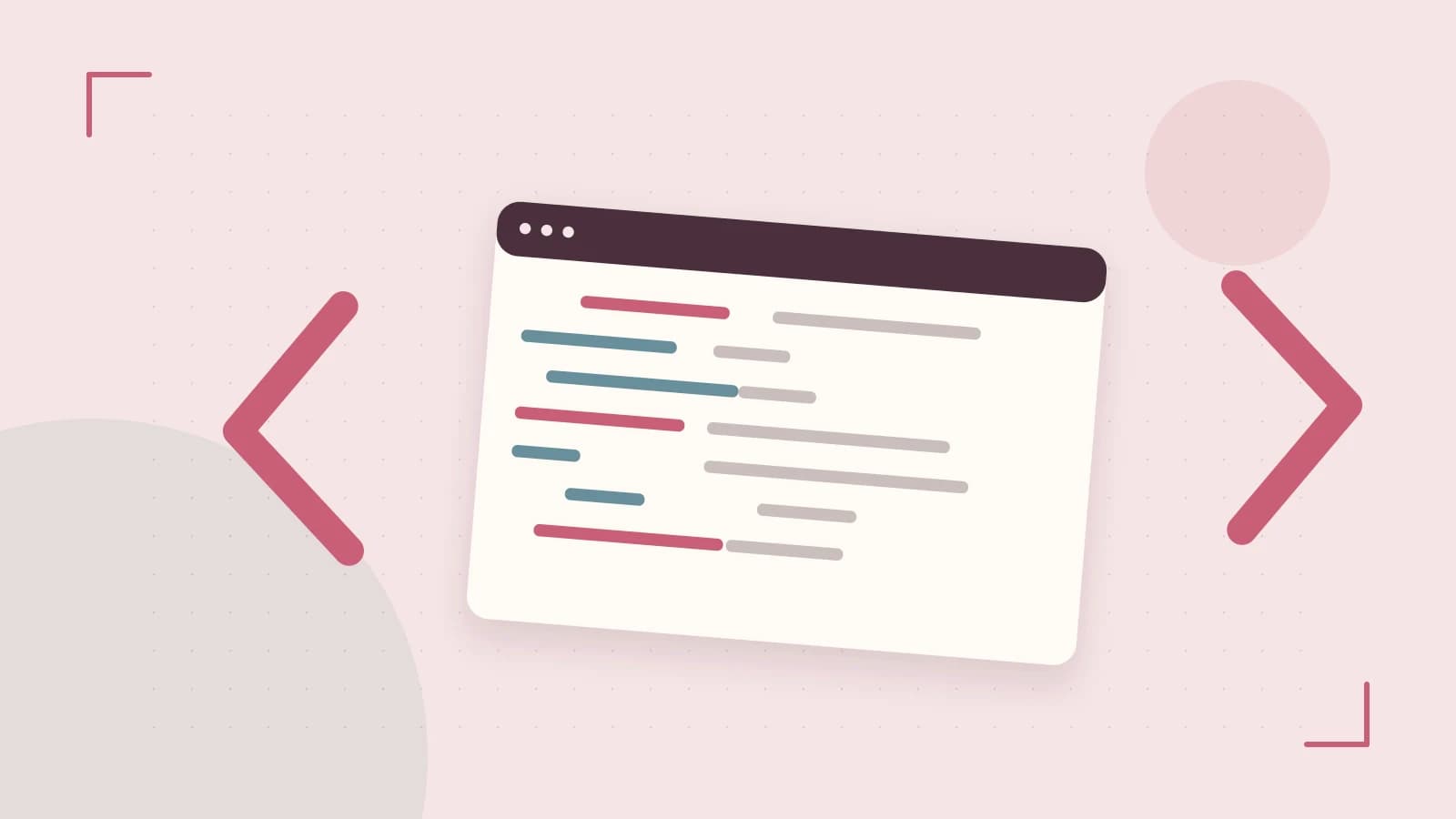 Editorial illustration of an abstract code editor, syntax blocks and oversized programming brackets
