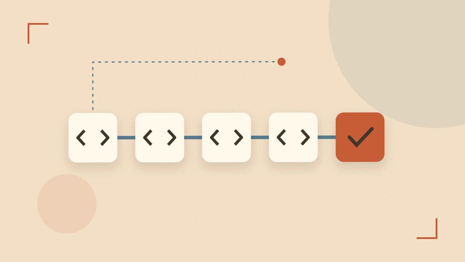 Editorial illustration of a branching build pipeline, staged transformations and a completed check