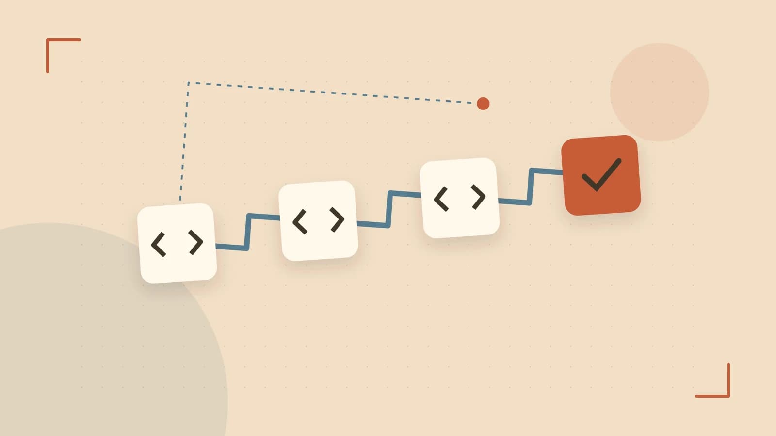 Editorial illustration of a branching build pipeline, staged transformations and a completed check