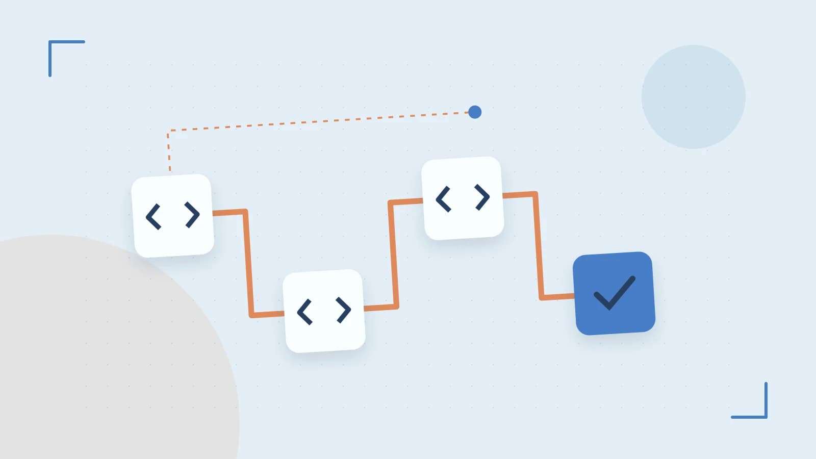 Editorial illustration of a branching build pipeline, staged transformations and a completed check