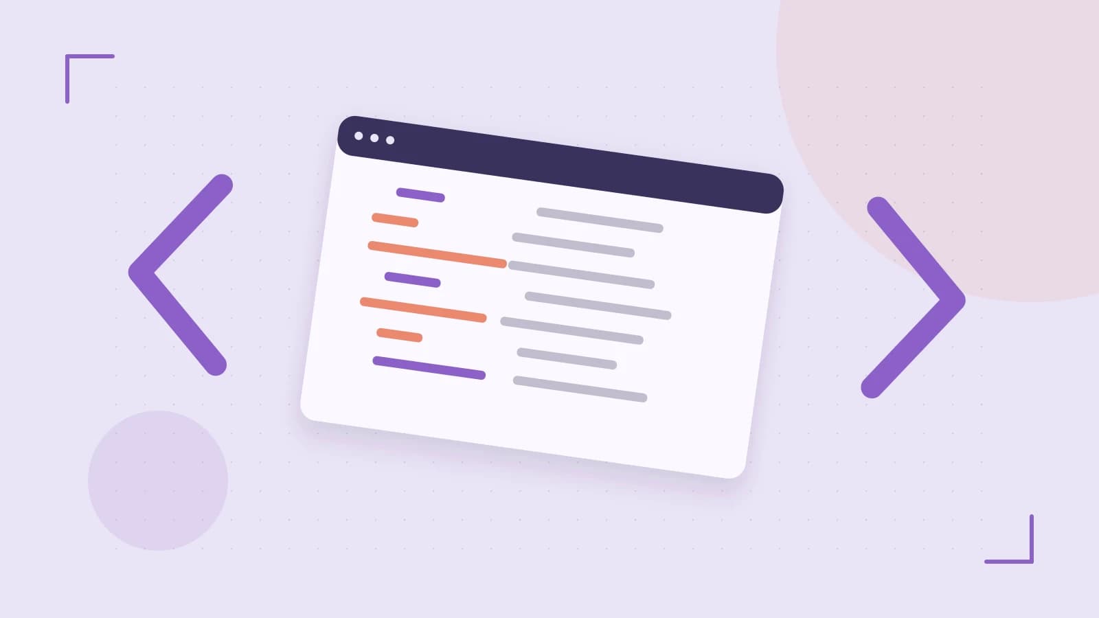 Editorial illustration of an abstract code editor, syntax blocks and oversized programming brackets