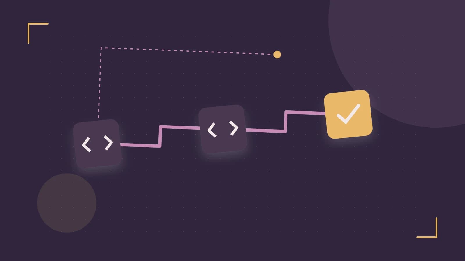 Editorial illustration of a branching build pipeline, staged transformations and a completed check
