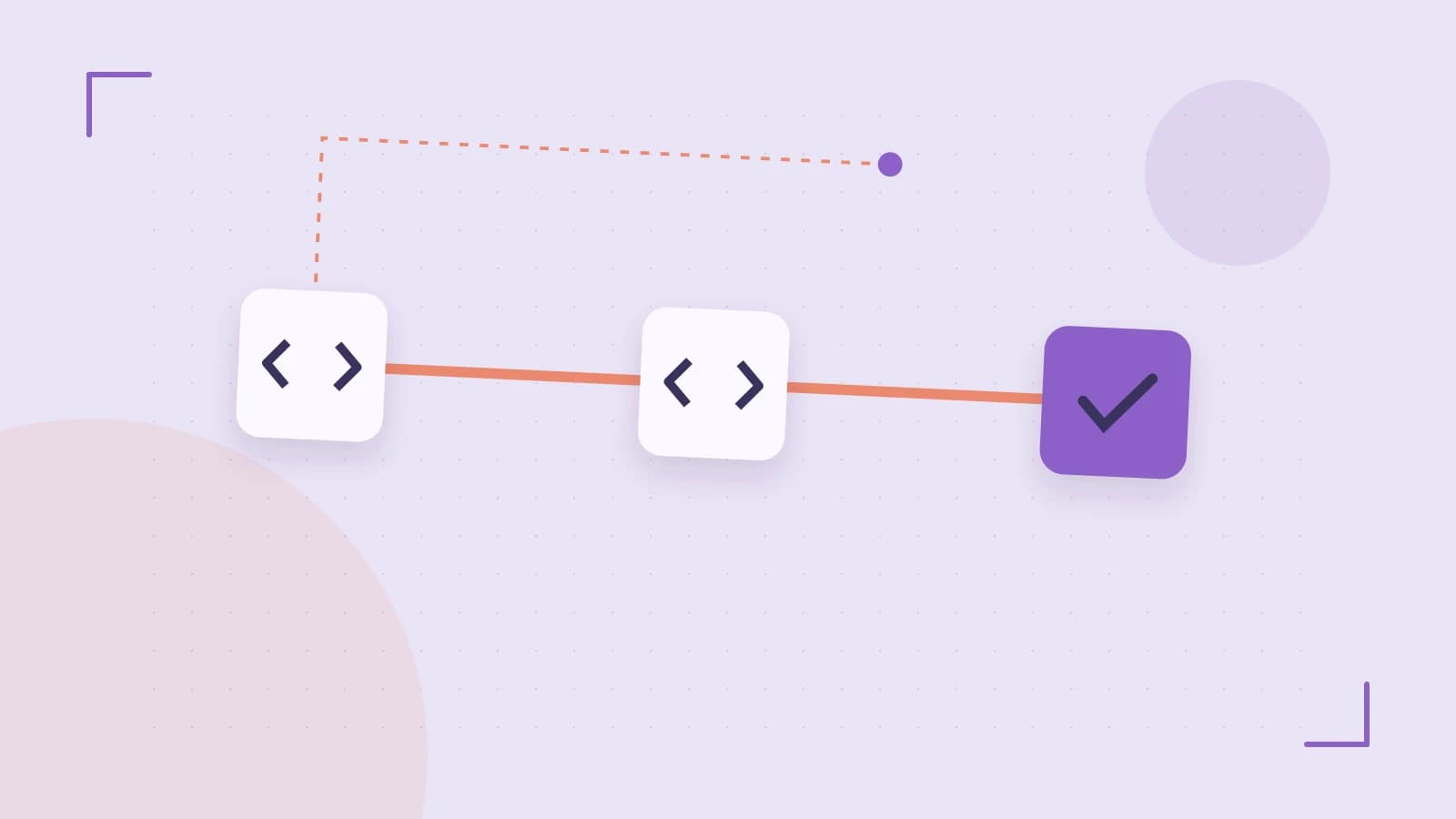 Editorial illustration of a branching build pipeline, staged transformations and a completed check