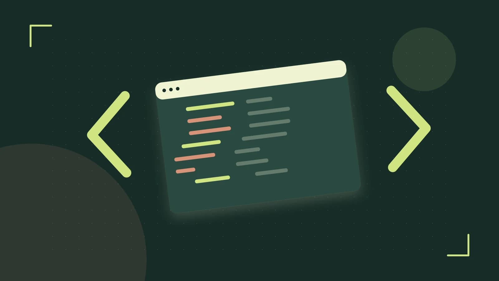 Editorial illustration of an abstract code editor, syntax blocks and oversized programming brackets