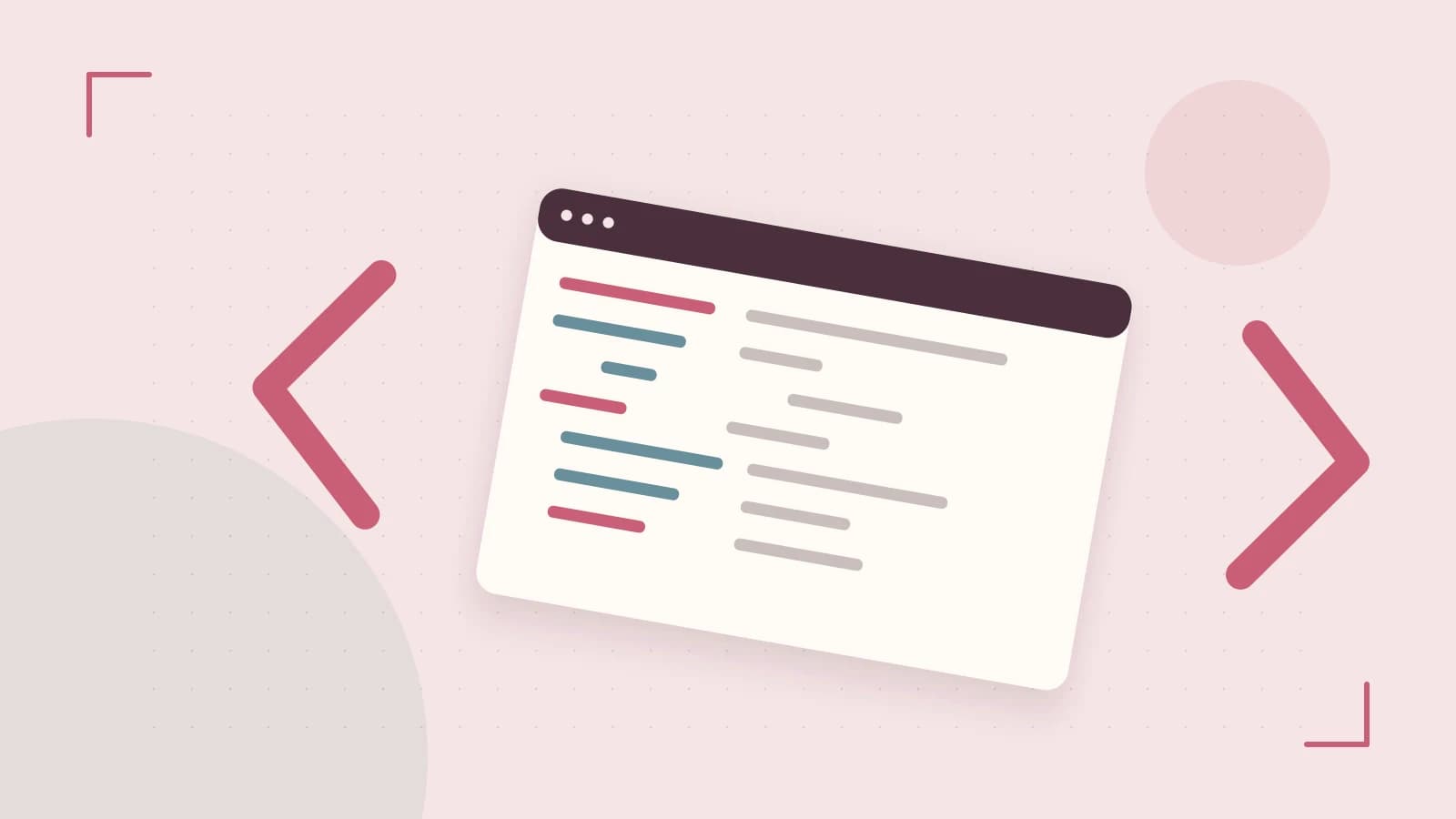 Editorial illustration of an abstract code editor, syntax blocks and oversized programming brackets