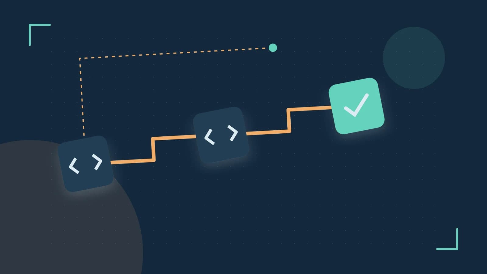 Editorial illustration of a branching build pipeline, staged transformations and a completed check