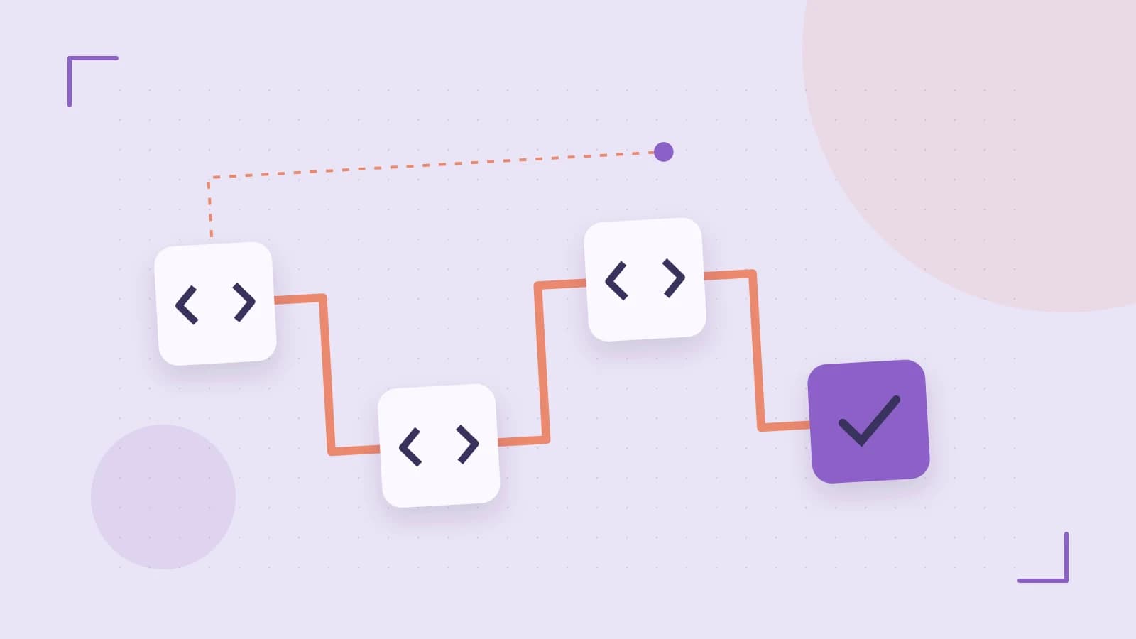 Editorial illustration of a branching build pipeline, staged transformations and a completed check