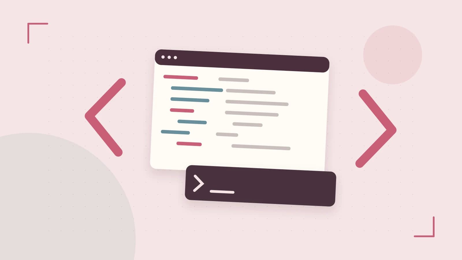 Editorial illustration of an abstract code editor, syntax blocks and oversized programming brackets