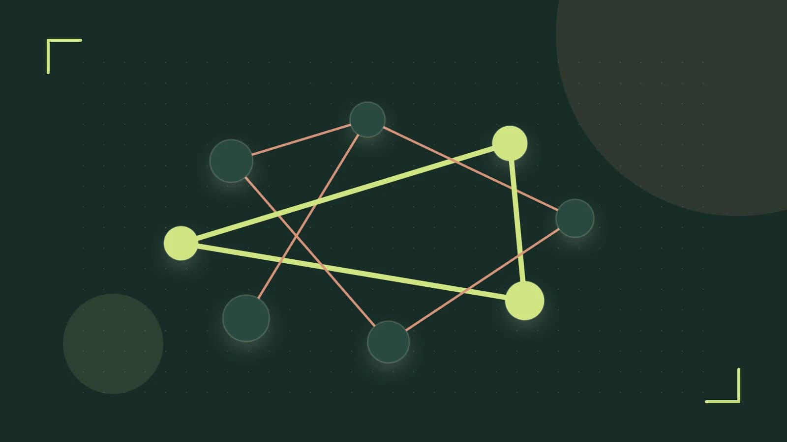 Editorial illustration of an algorithmic node graph with branching paths and a highlighted result