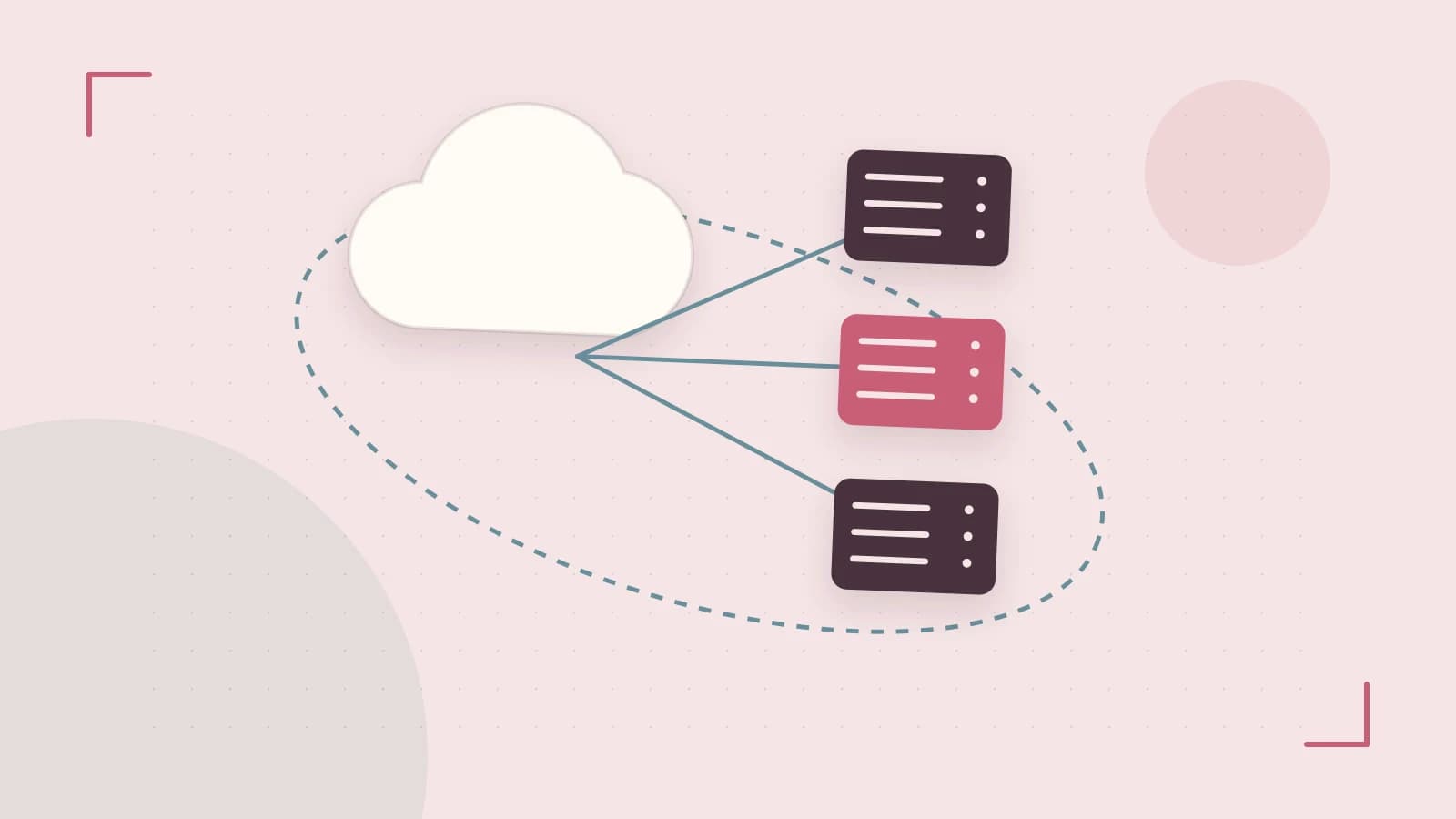 Editorial illustration of cloud infrastructure, connected server racks and an orbital service map