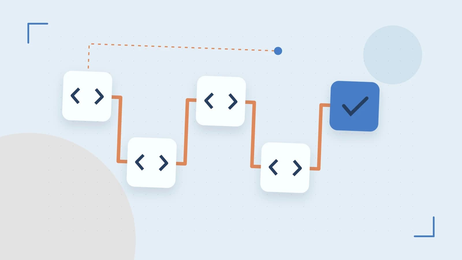 Editorial illustration of a branching build pipeline, staged transformations and a completed check