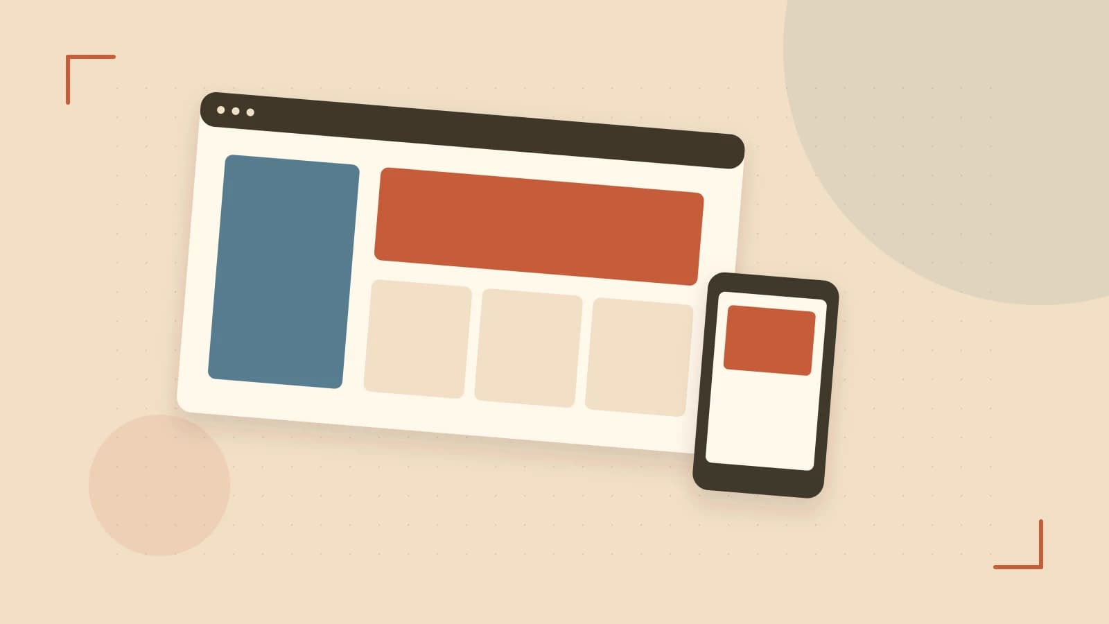 Editorial illustration of responsive browser layouts, overlapping design components and a color system