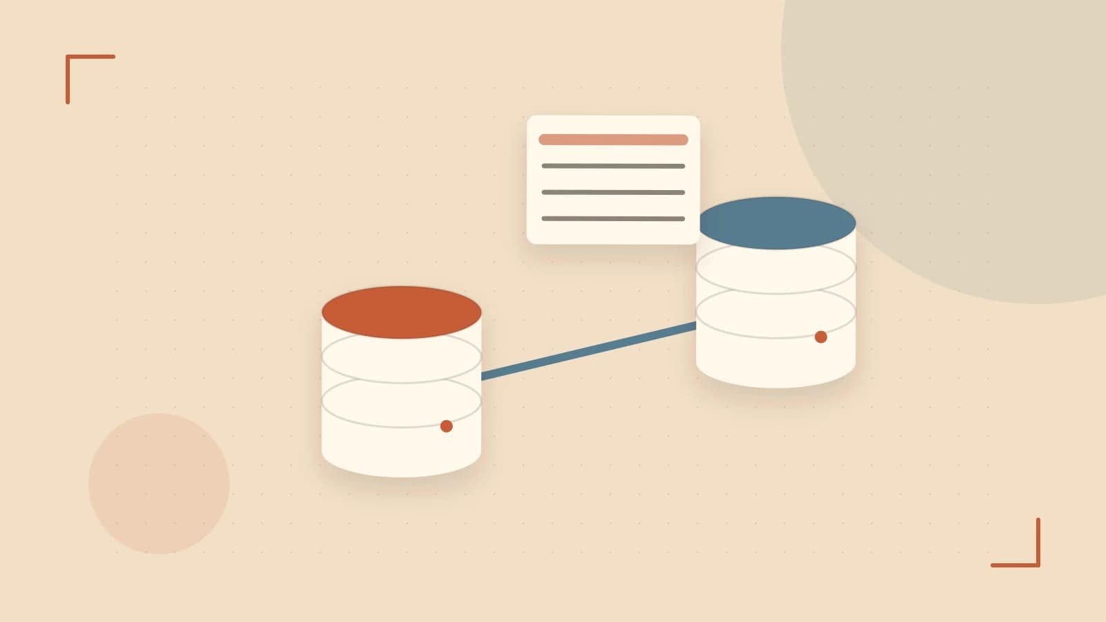Editorial illustration of structured records, database cylinders and relationships between tables