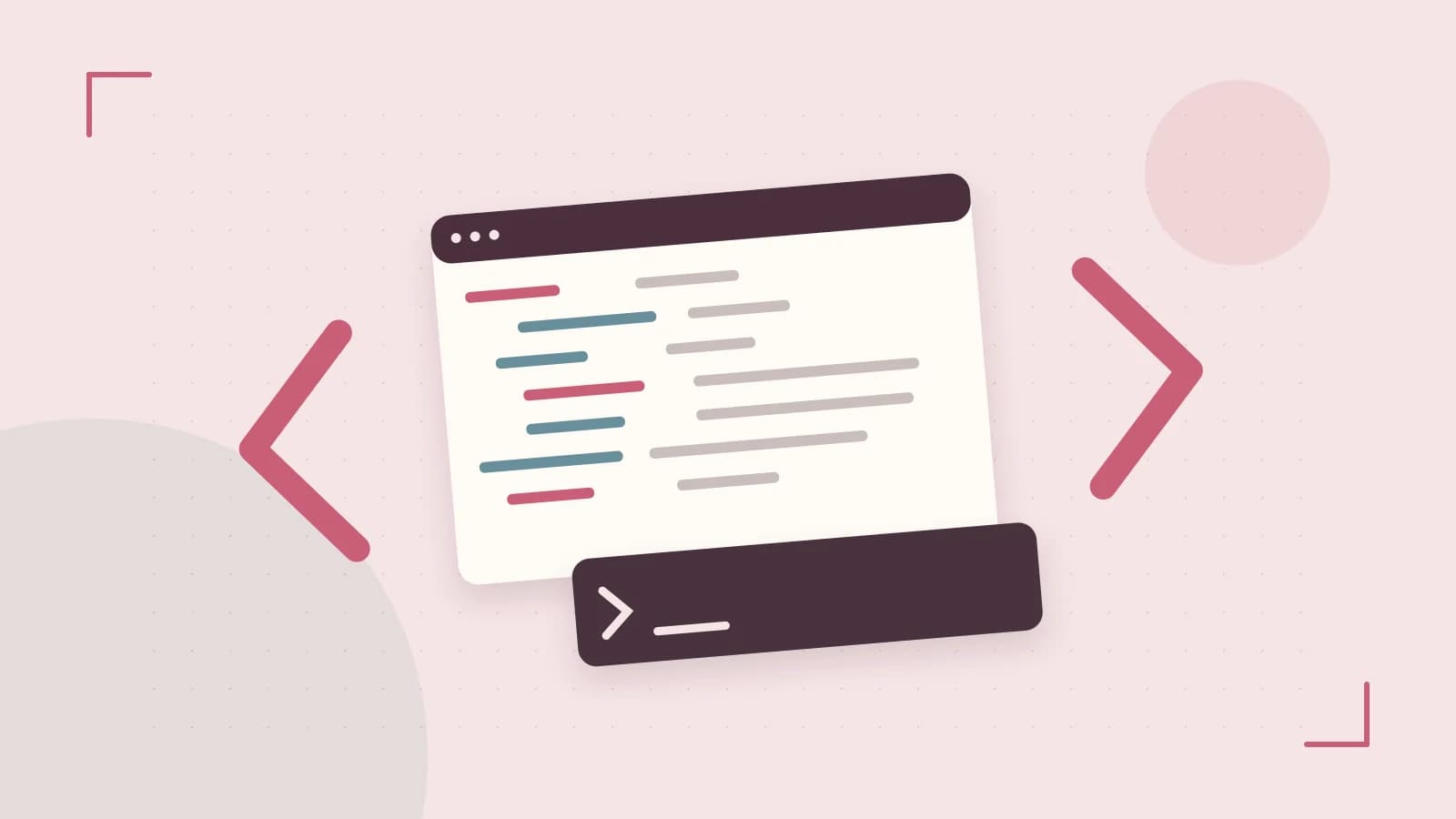Editorial illustration of an abstract code editor, syntax blocks and oversized programming brackets