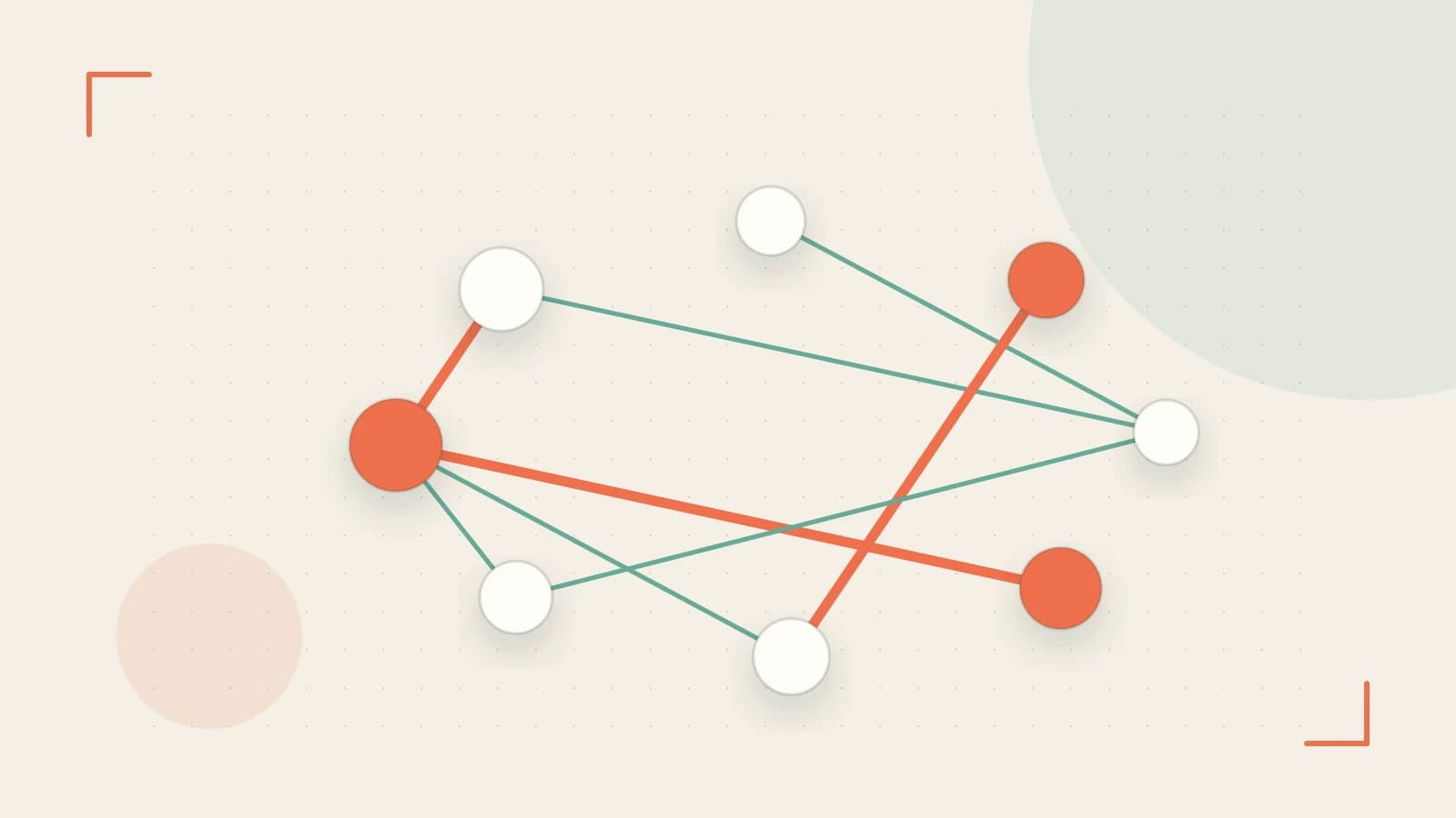 Editorial illustration of an algorithmic node graph with branching paths and a highlighted result