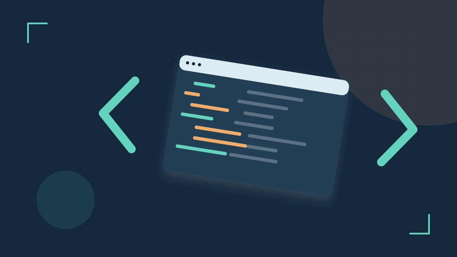 Editorial illustration of an abstract code editor, syntax blocks and oversized programming brackets
