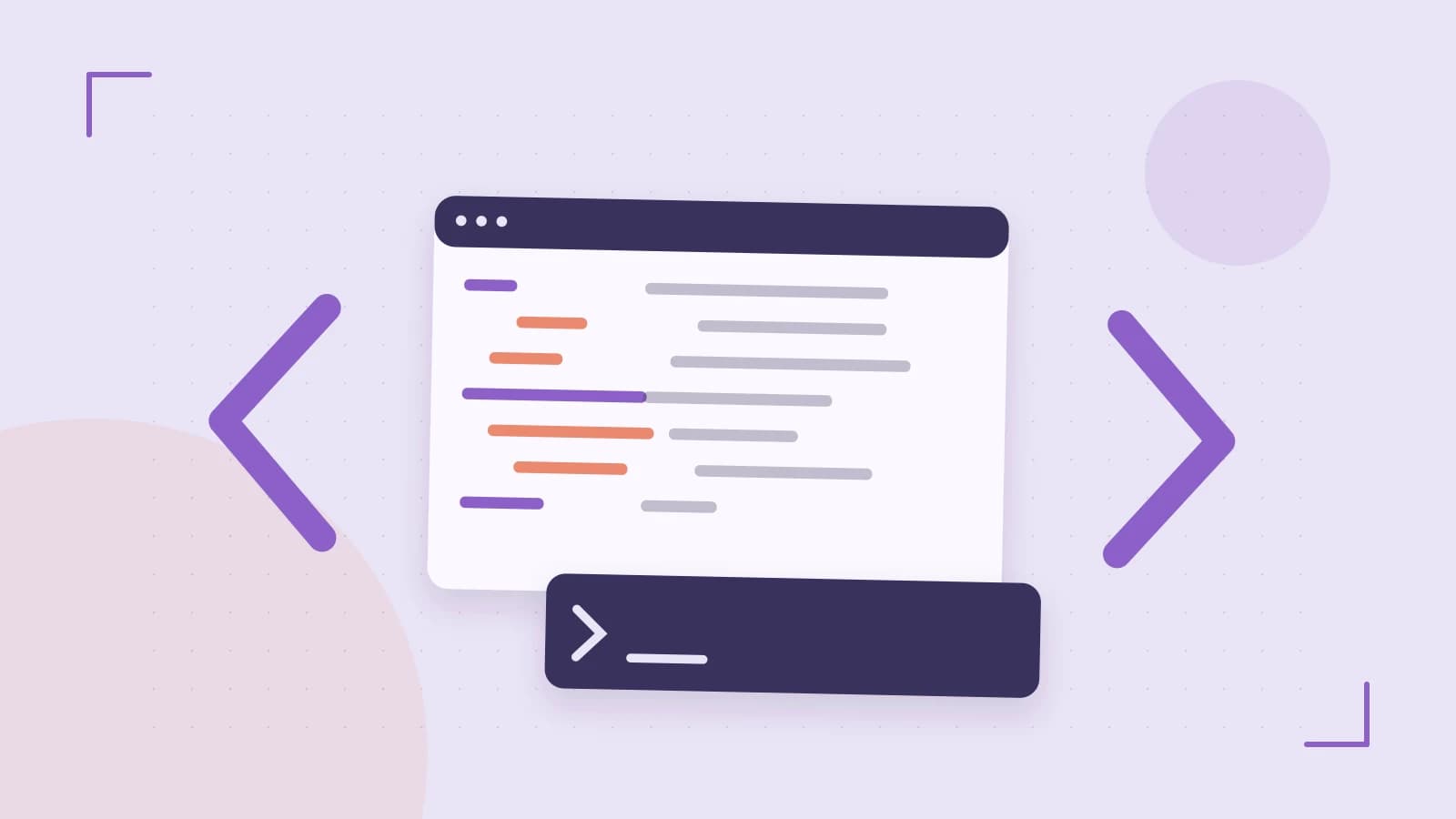 Editorial illustration of an abstract code editor, syntax blocks and oversized programming brackets