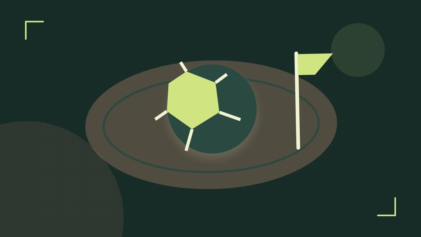 Editorial illustration of a stylized sports ball, stadium geometry and dynamic arcs