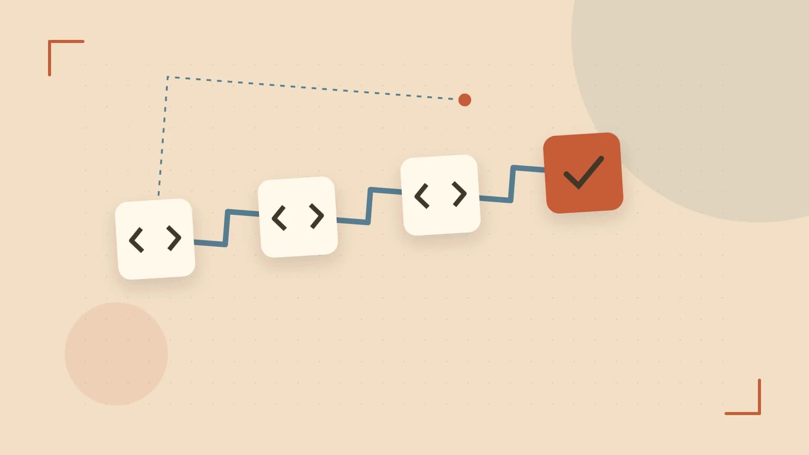 Editorial illustration of a branching build pipeline, staged transformations and a completed check