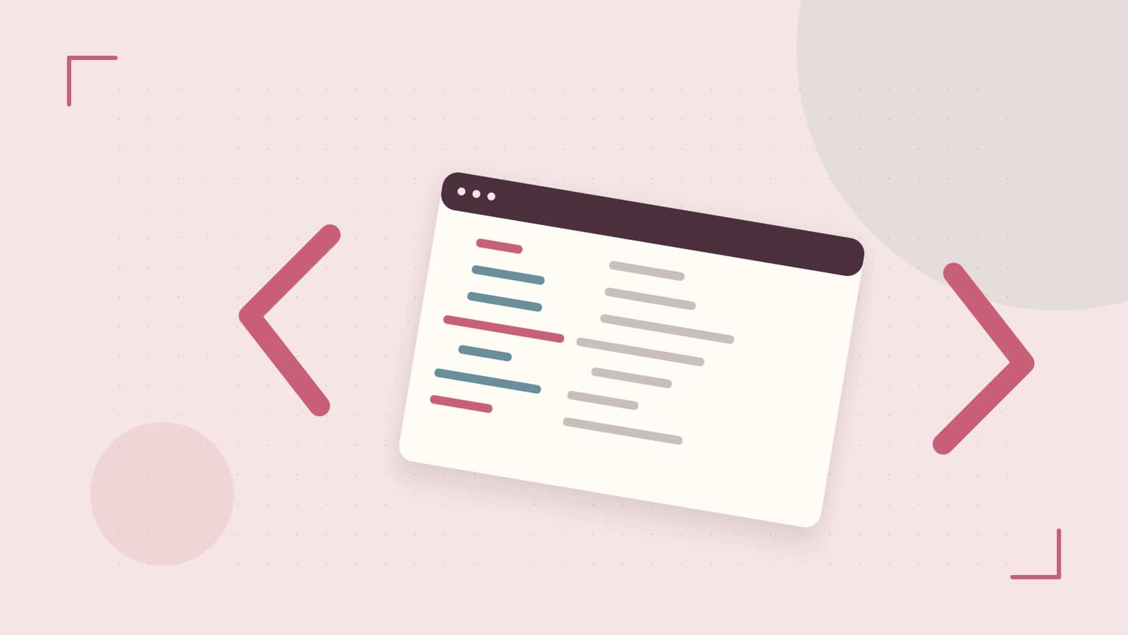 Editorial illustration of an abstract code editor, syntax blocks and oversized programming brackets