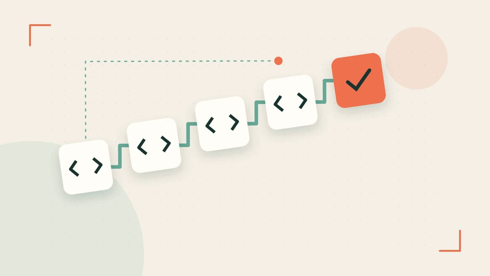 Editorial illustration of a branching build pipeline, staged transformations and a completed check