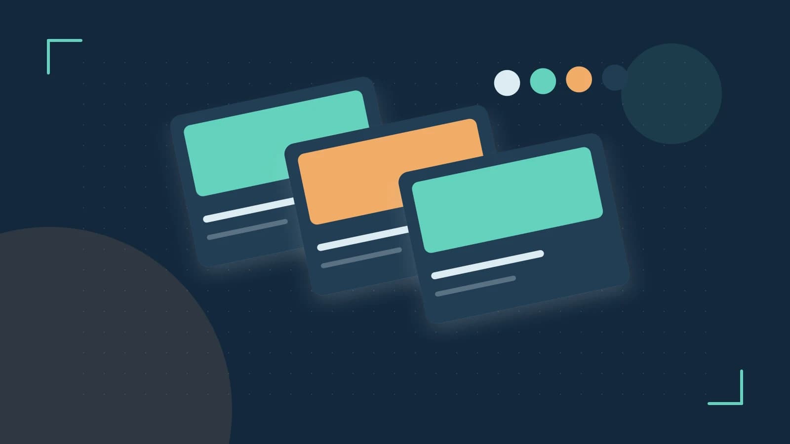 Editorial illustration of responsive browser layouts, overlapping design components and a color system