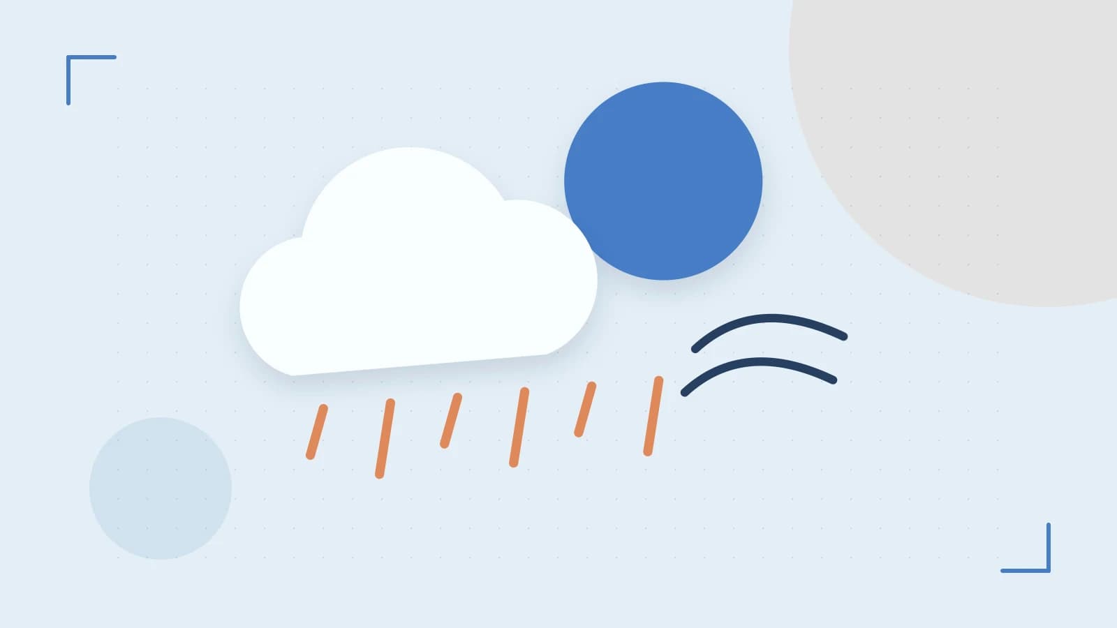 Editorial illustration of a sun, layered clouds, raindrops and flowing weather patterns