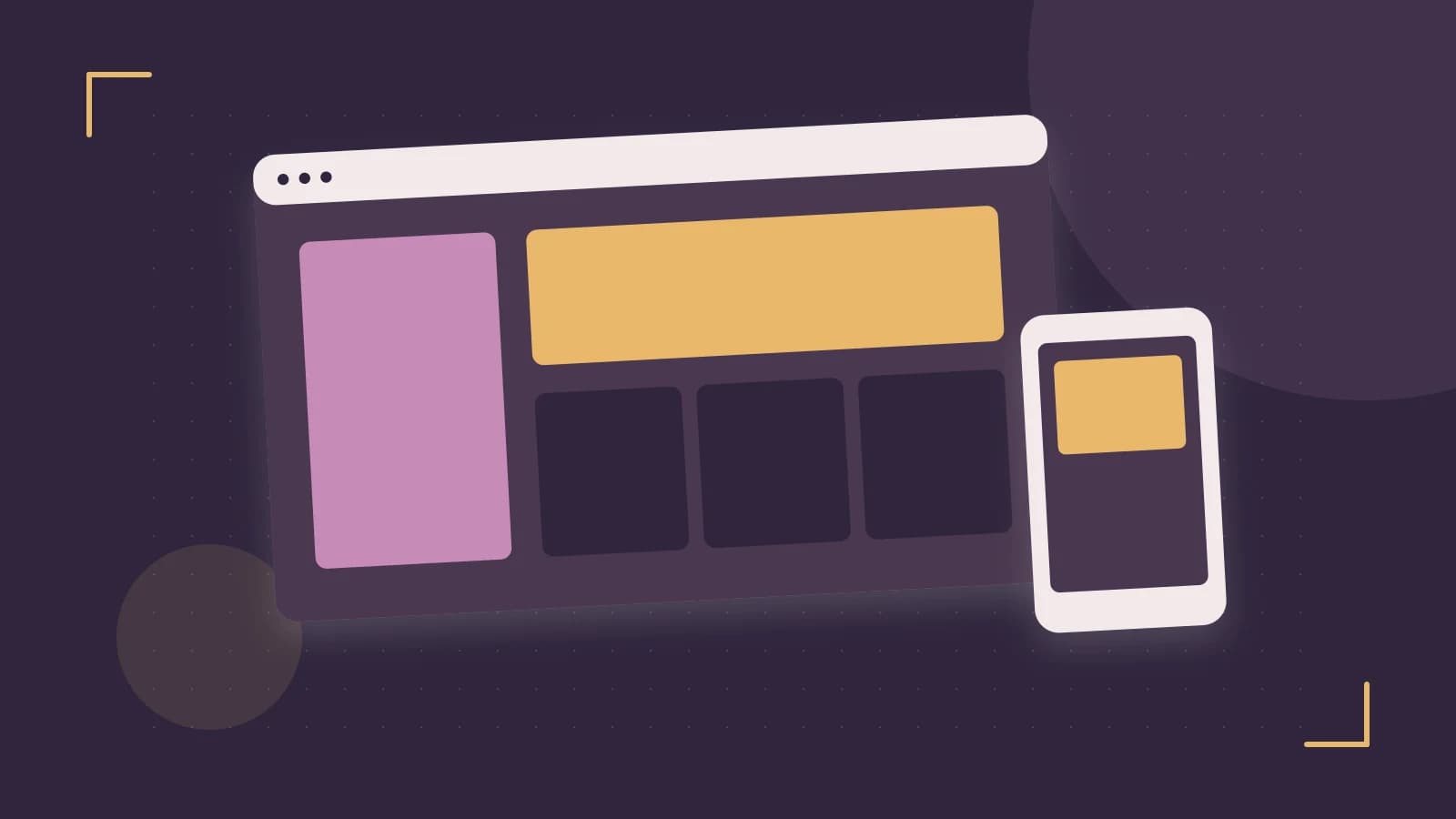 Editorial illustration of responsive browser layouts, overlapping design components and a color system