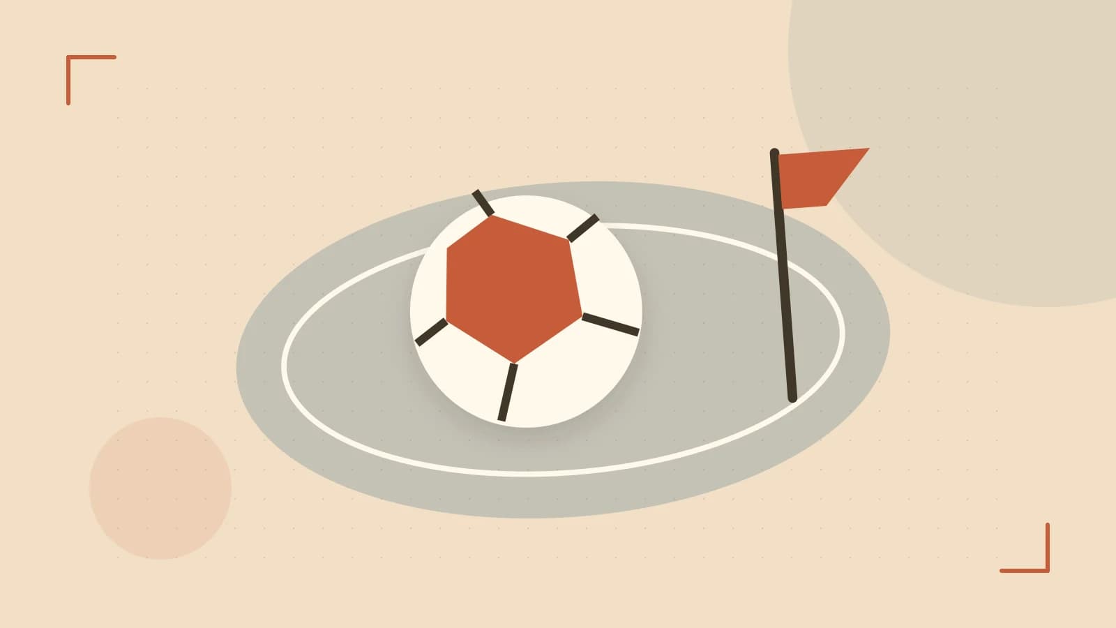 Editorial illustration of a stylized sports ball, stadium geometry and dynamic arcs