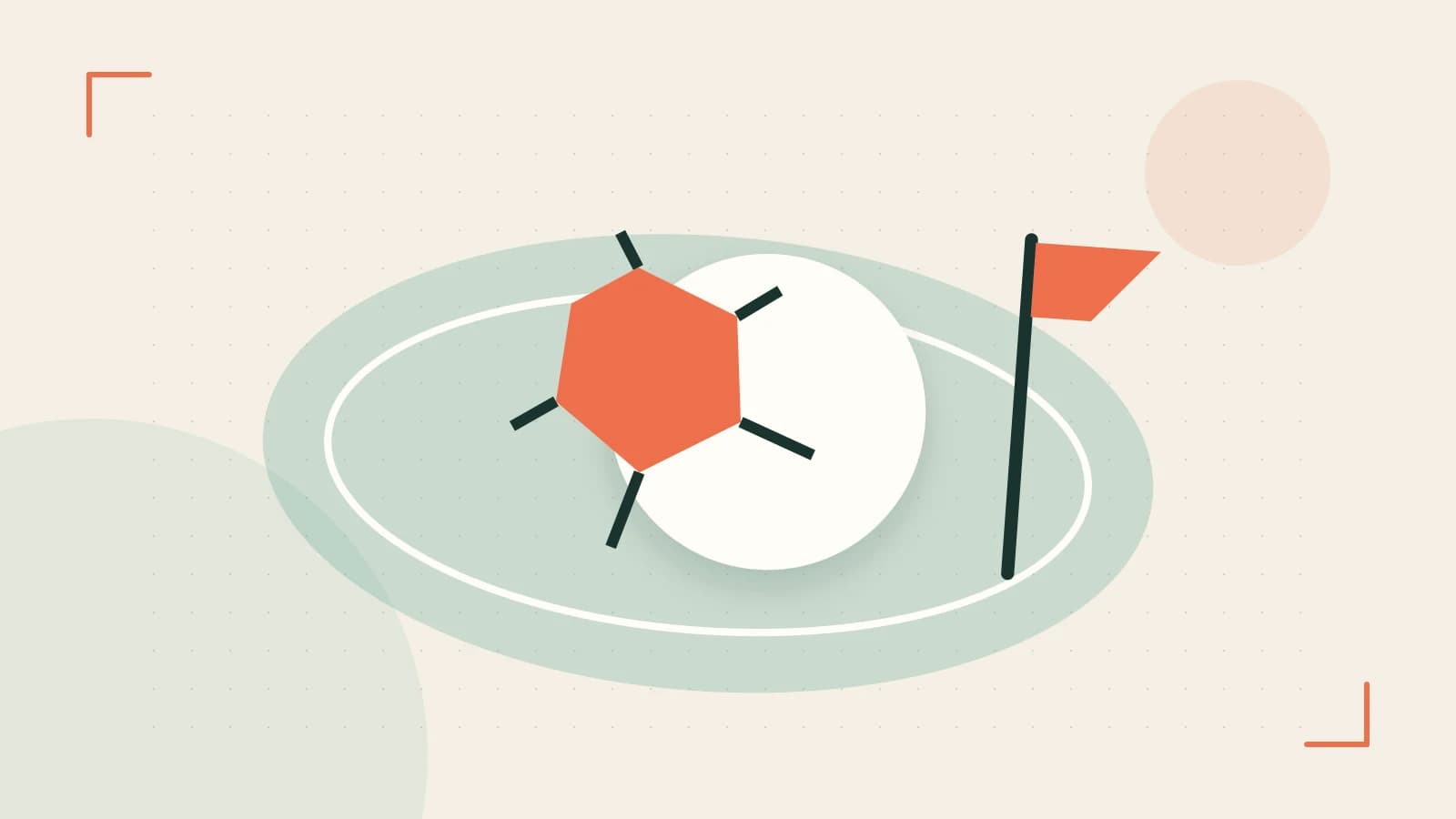Editorial illustration of a stylized sports ball, stadium geometry and dynamic arcs