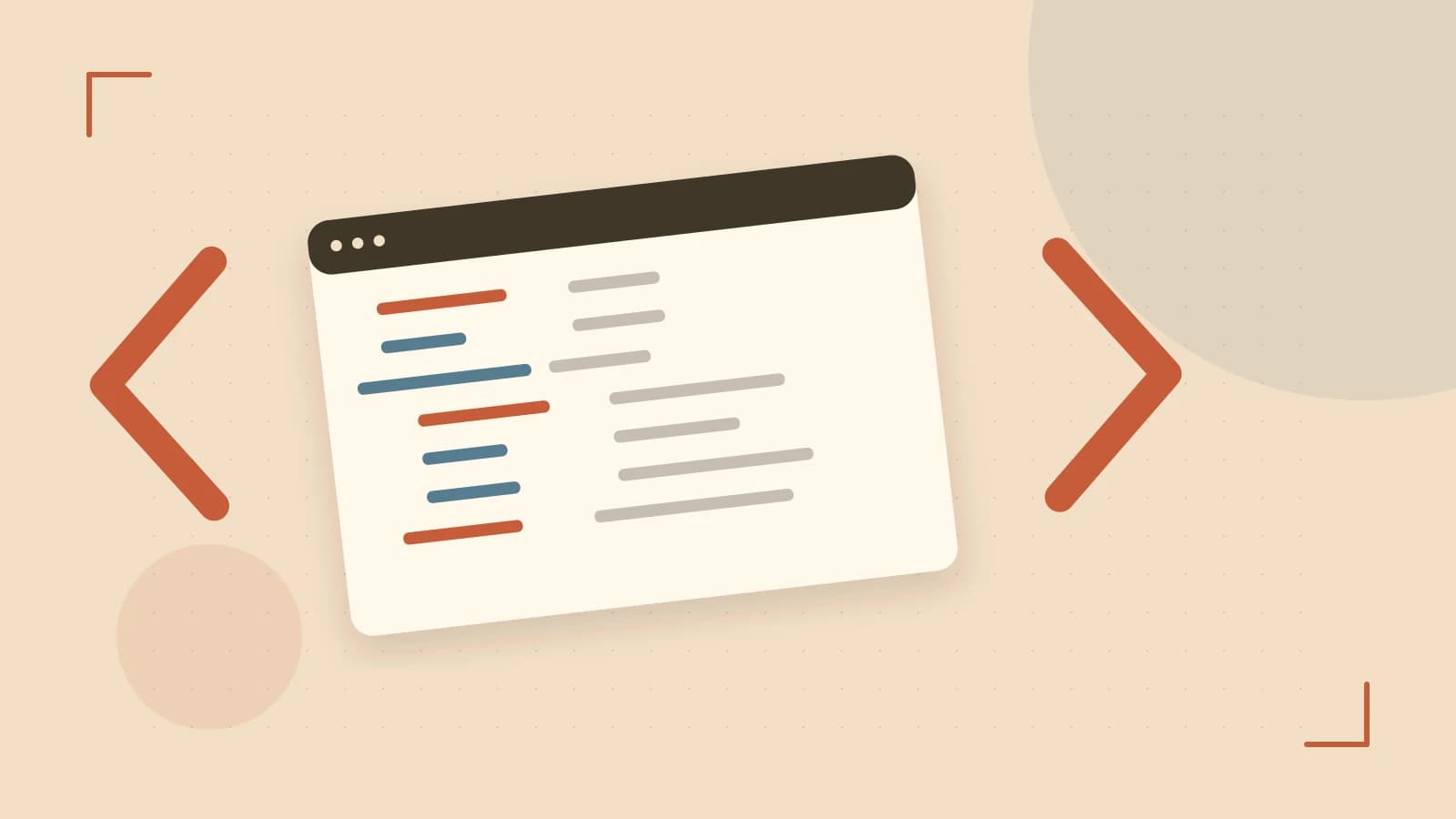Editorial illustration of an abstract code editor, syntax blocks and oversized programming brackets