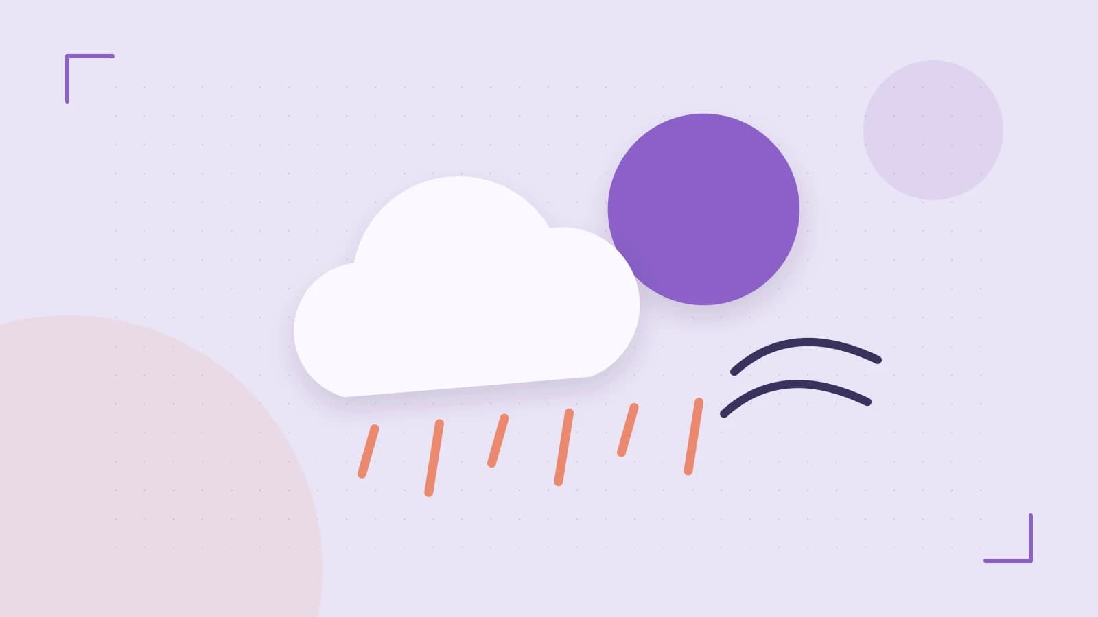 Editorial illustration of a sun, layered clouds, raindrops and flowing weather patterns