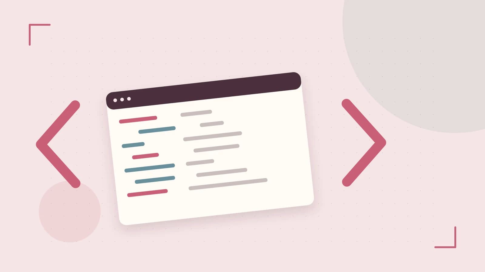 Editorial illustration of an abstract code editor, syntax blocks and oversized programming brackets