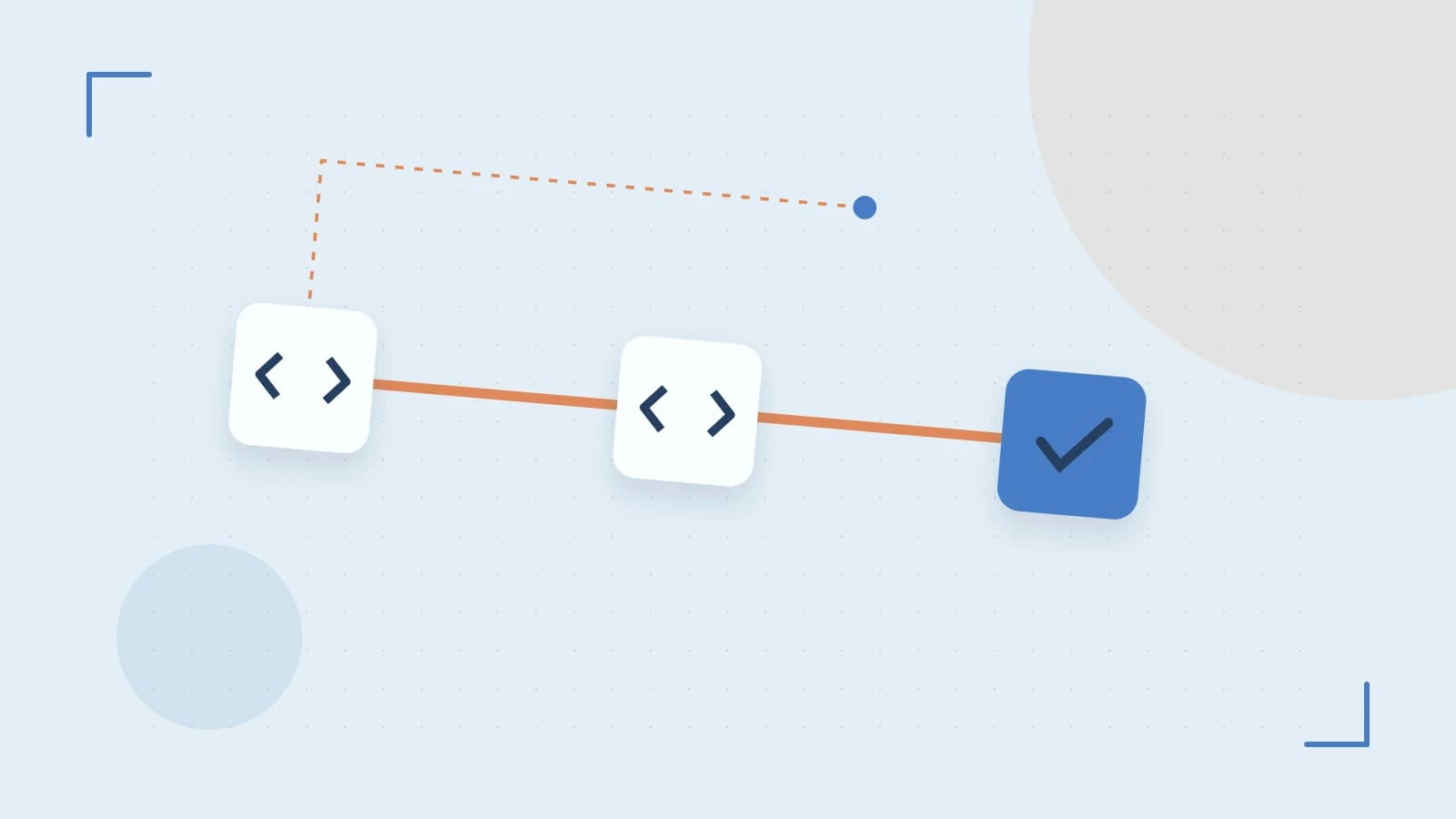 Editorial illustration of a branching build pipeline, staged transformations and a completed check