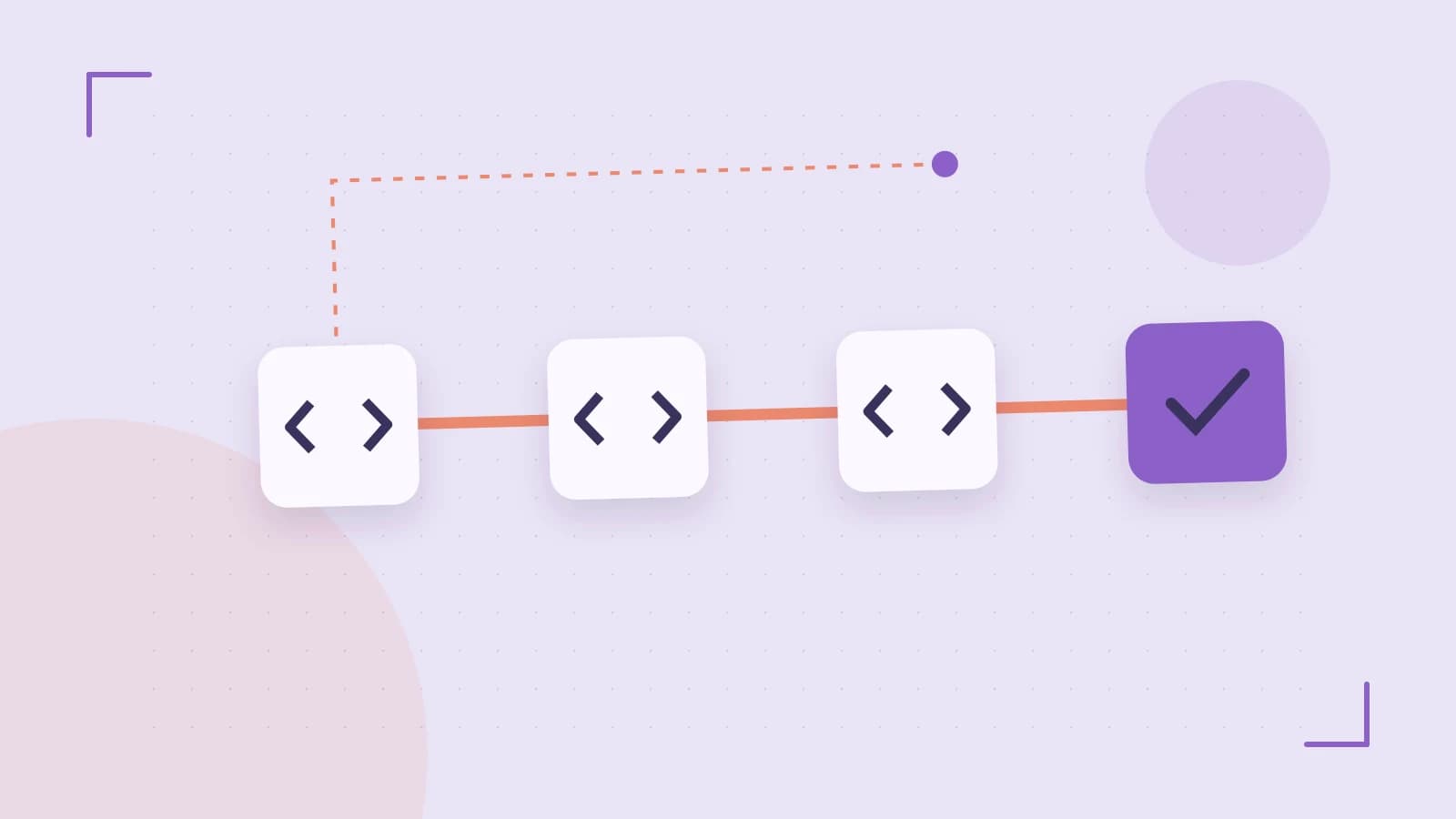 Editorial illustration of a branching build pipeline, staged transformations and a completed check