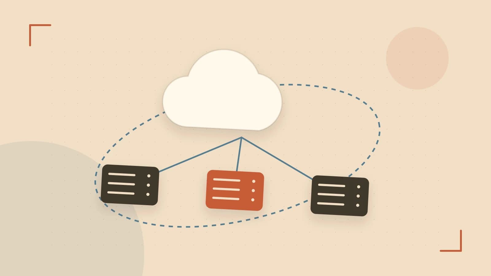 Editorial illustration of cloud infrastructure, connected server racks and an orbital service map