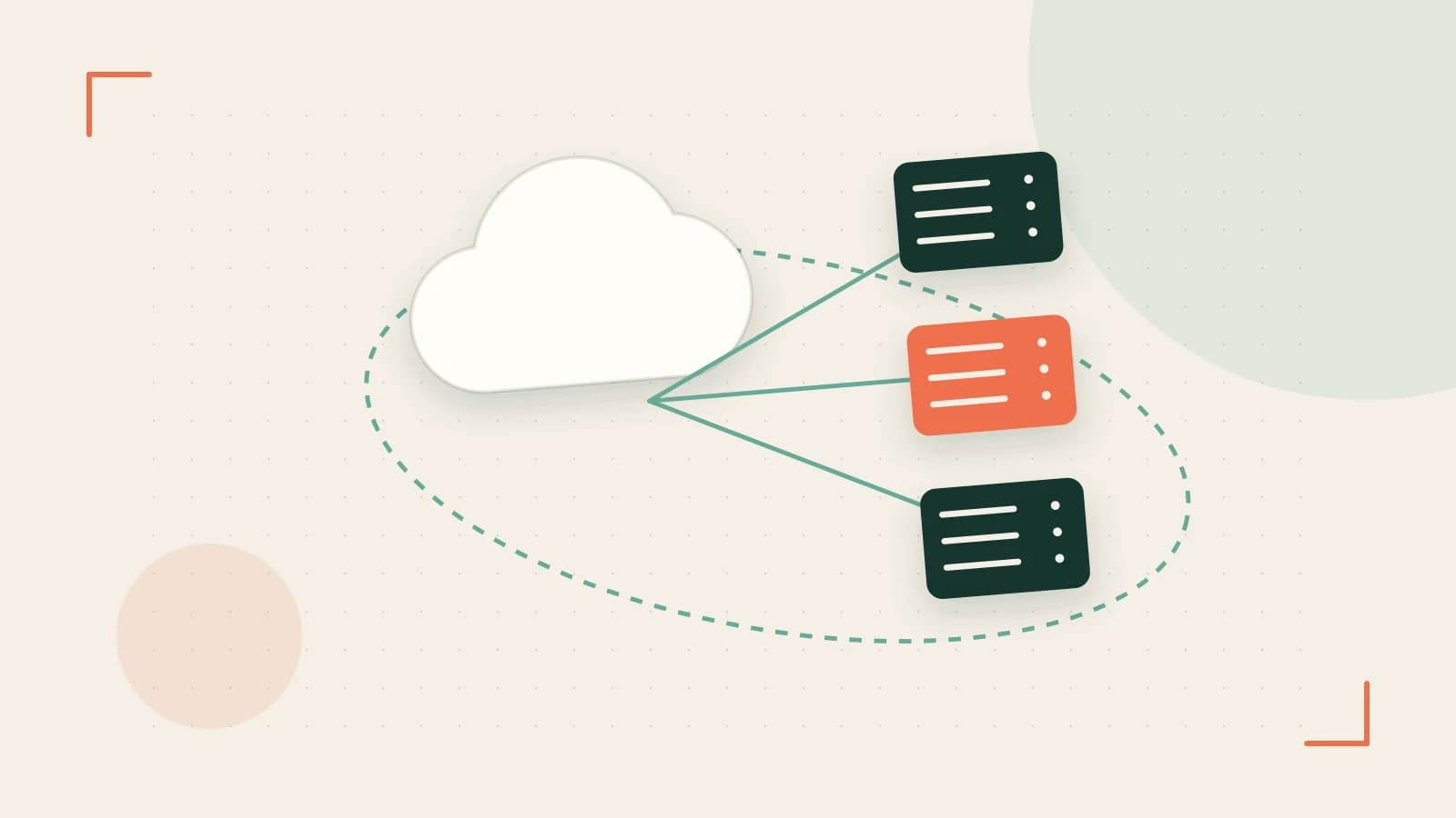 Editorial illustration of cloud infrastructure, connected server racks and an orbital service map